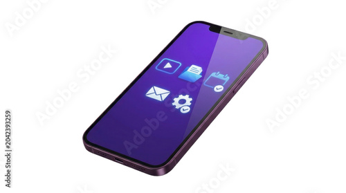 Modern smartphone with application icons on screen isolated on a transparent background PNG file