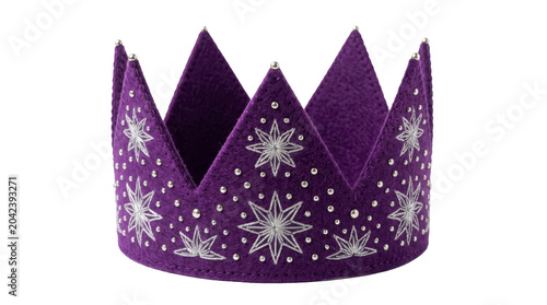 Purple felt crown with silver star embroidery on a transparent background PNG file