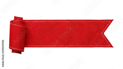 Red fabric banner with white stitched edges on a transparent background PNG file