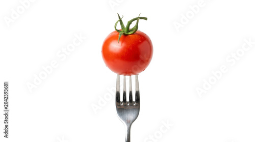 Photography Fresh Red Tomato Impaled On A Stainless Steel Metal Fork PNG Image