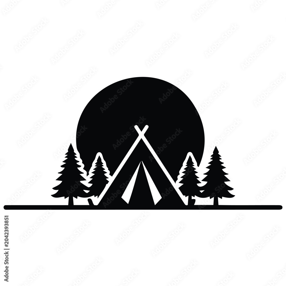 Obraz premium Camping tent with pine trees and moon vector silhouette illustration line art.