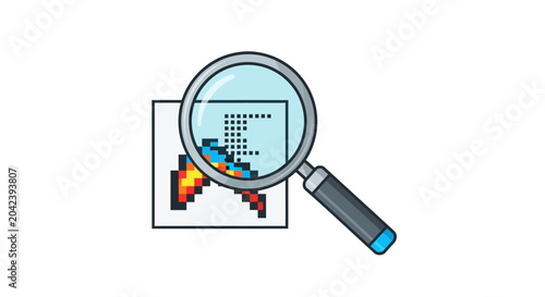 Magnifying Glass Inspecting Pixelated Graphic for Digital Quality and Image Resolution Analysis