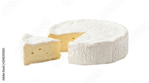 Slika na platnu Brie cheese wheel with a wedge cut out on a transparent background PNG image