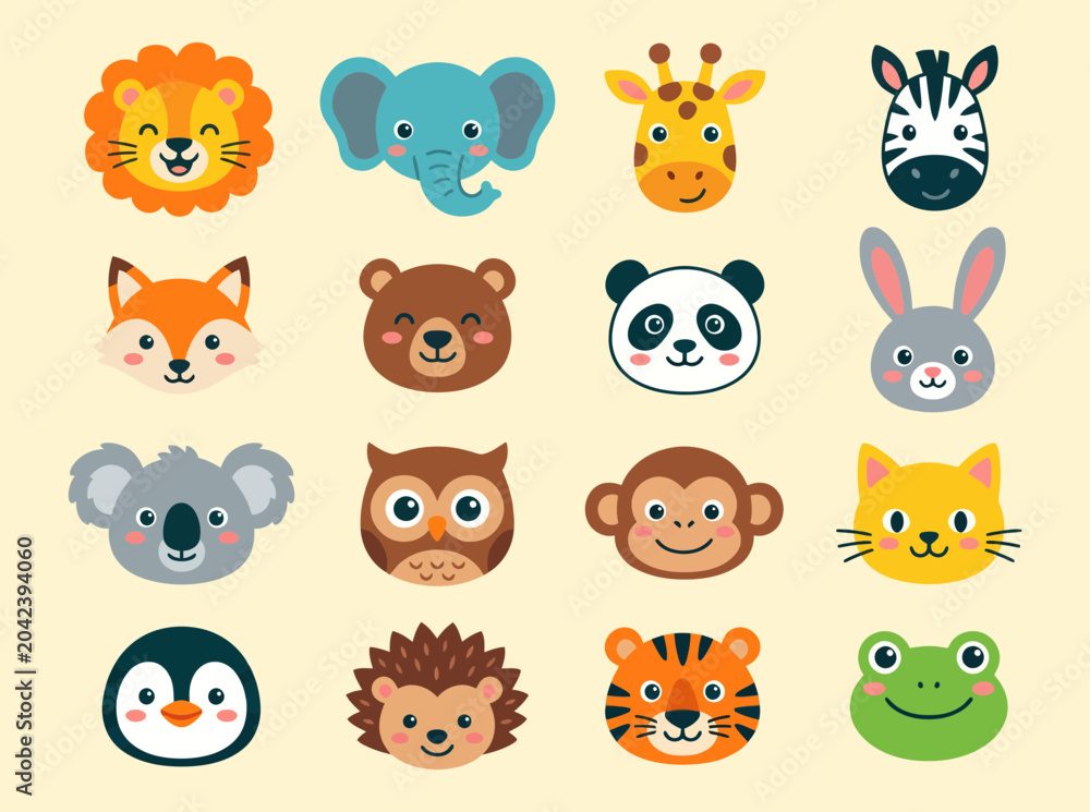 Fototapeta premium Colorful collection of cute wild animal faces designed as a flat vector illustration for kids and educational graphic creative projects