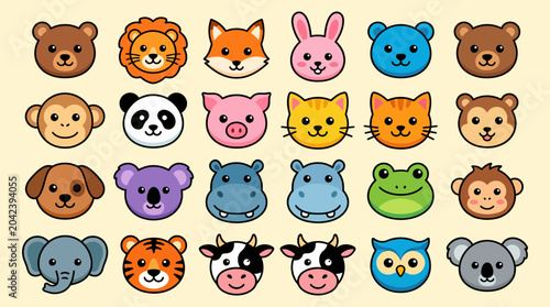 Photography Colorful set of flat vector animal head icons featuring diverse cute creatures d