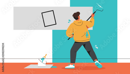 Man painting wall with roller brush vector flat illustration
