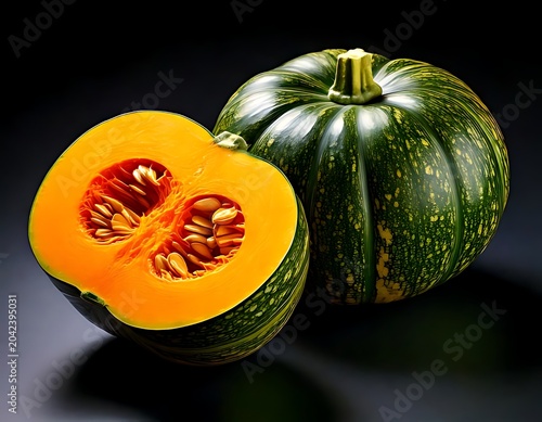 Whole and halved kabocha squash on a white background