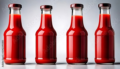 Condiments in red ketchup bottles on a white background