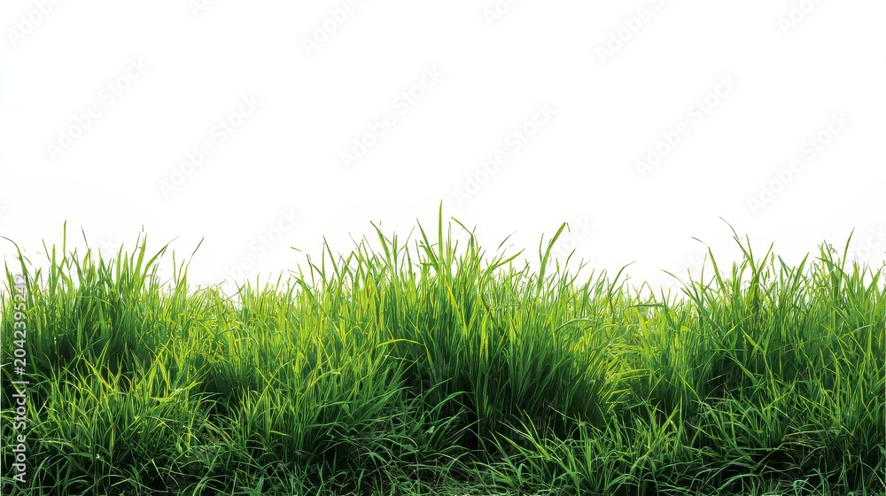 Fototapeta premium Green grass field isolated on a clean white background, showcasing natural grass texture and detail.