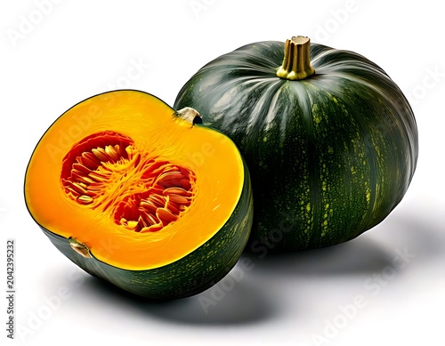 Whole and halved kabocha squash on a white background