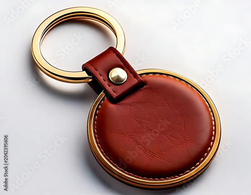 On a white background, a leather keychain with a brass ring