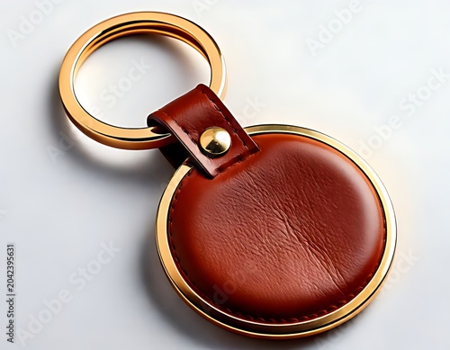 On a white background, a leather keychain with a brass ring