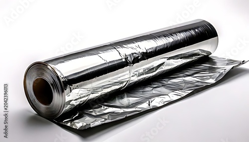 A reflective, wrinkled and crinkled aluminum foil roll on white background