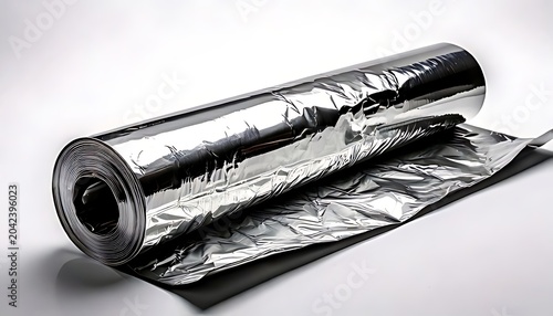 A reflective, wrinkled and crinkled aluminum foil roll on white background