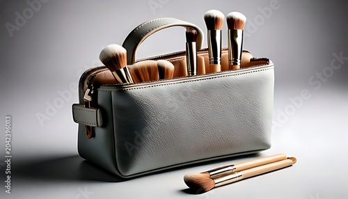 A  light gray makeup bag with leather handle and variety of various makeup brushes