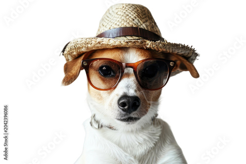 Stylish Pooch: Dog in Sunglasses and Hat. White or PNG Transparent Background.