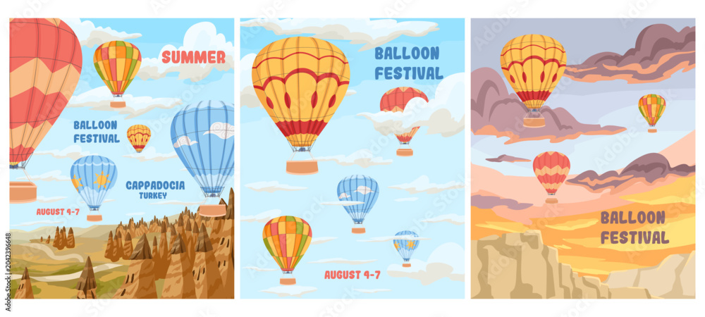 Fototapeta premium Hot air balloon festival poster collection with balloons over famous travel destinations. Cartoon hand drawn vector illustration set for tourism advertising, aviation events and vacation promotions