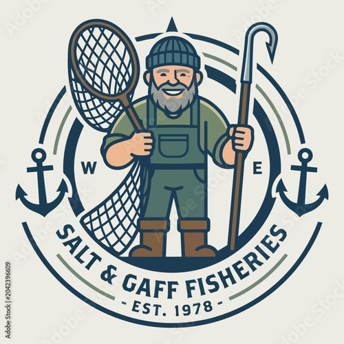 Photos Professional fisherman character with fishing net and gaff hook, seafood industry worker, maritime occupation and commercial fishing business concept