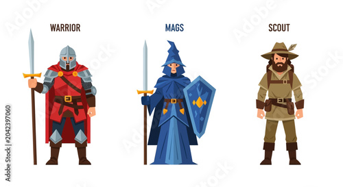 Flat Vector Fantasy Character Set: Warrior, Mage, and Scout RPG Classes for Game Design