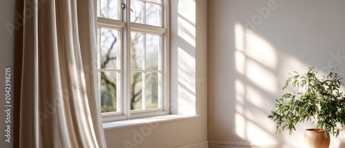 A window has taped glass, allowing soft daylight to enter a space with a large empty wall ready for text