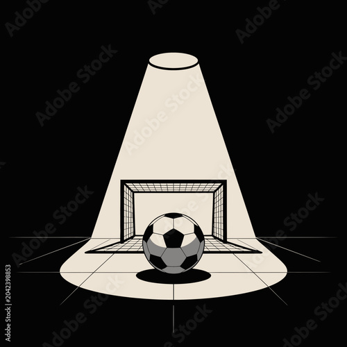Dramatic sports vector illustration of a soccer ball centered in front of a goal post illuminated by a single white spotlight