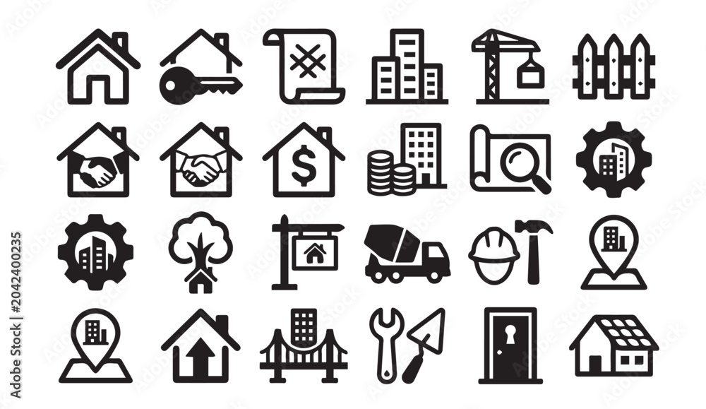 Fototapeta premium Set of real estate and construction industry icons with construction, building