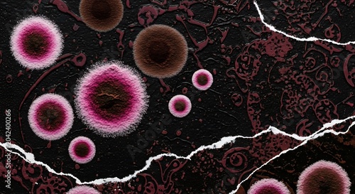 Abstract macro photography of colorful mold colonies and fungal growth on a dark textured surface with torn paper edges