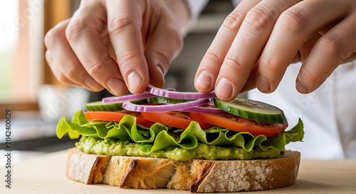 Healthy Avocado Sandwich Being Prepared With Fresh Vegetables And Toasted Bread