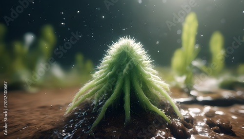 Emerging Green Fungal Bloom in Sunlit Forest Setting