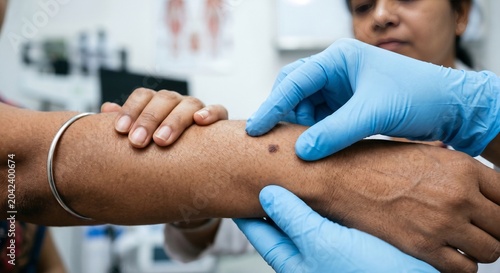 Medical professional examining a mole on a patient's forearm