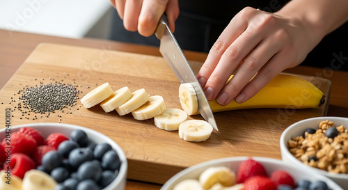 Healthy breakfast preparation: slicing banana for fruit salad with berries and granola