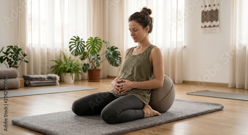 Pregnant woman kneeling on yoga mat with hands on belly
