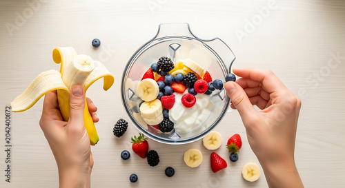 Healthy Breakfast Smoothie Preparation: Hands Adding Fresh Berries to Blender with Yogurt and Banana