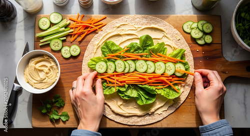 Healthy Hummus Wrap Preparation: Fresh Vegetables and Greens on Tortilla