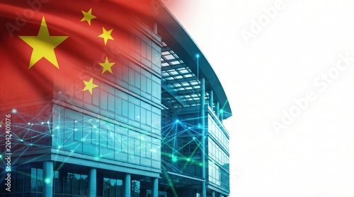 China flag and university building with digital network, representing new curriculum and higher education innovation, tech style