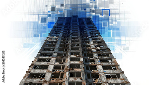 Abandoned High-Rise Building with Digital Blueprint Overlay