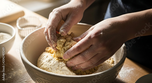 Hands mixing dough in a bowl, preparing homemade bread or pastry in a kitchen.