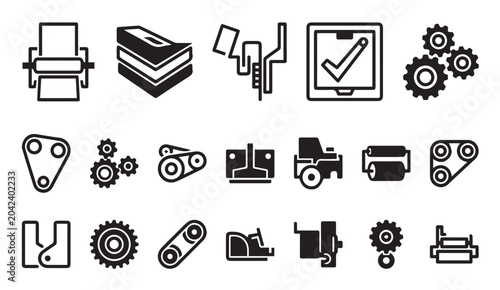 Bild auf Leinwand Mechanical components and gear icons with belt drive paper stack mechanics