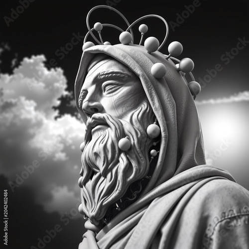 Hooded Sculpture with Orb Crown Against Dramatic Cloudscape