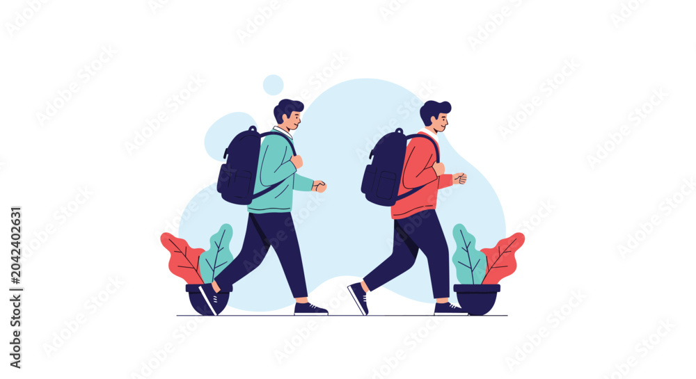 Fototapeta premium Two male hikers wearing backpacks and athletic clothing walking in the same direction against a blue abstract background.