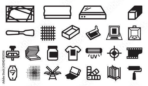 Set of screen printing and textile production icons with t shirt, printing