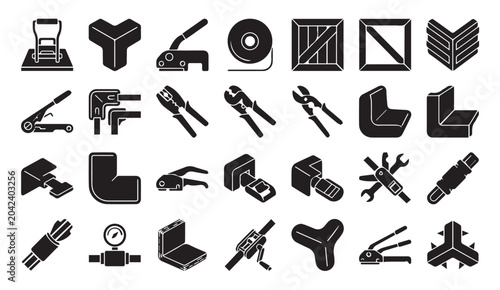 Industrial packaging and strapping tool icons collection with packaging