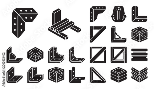 Tableau sur toile Crate corner protectors and packaging equipment icons with packaging, protector