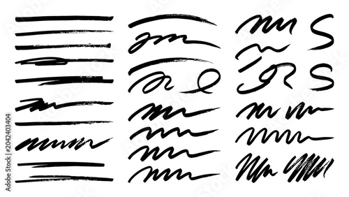 Black ink brush strokes set with hand drawn scribbles and textured lines for graphic design accents and text underlines