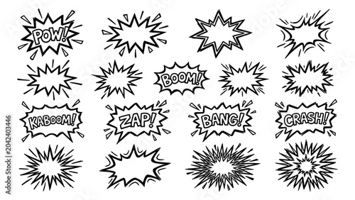Cuadro en lienzo Comic book speech bubbles and explosion clouds with sound effects including pow