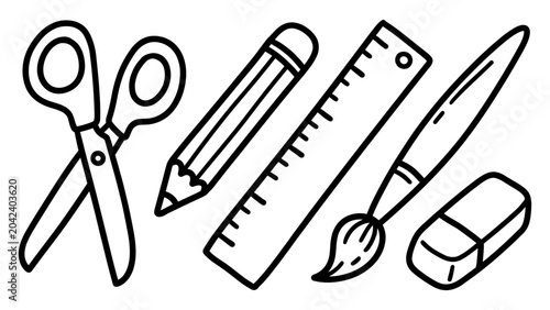 School supplies line art vector including scissors pencil ruler paintbrush and eraser for education and coloring book projects