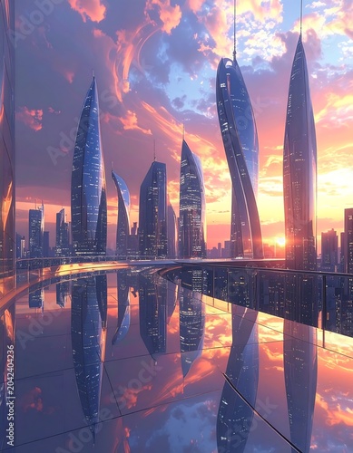 A futuristic cityscape at sunset with sleek skyscrapers reflecting vibrant colors