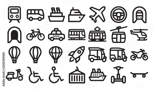 Schilderij op canvas Transportation and public travel transit icons set with transportation, airplane