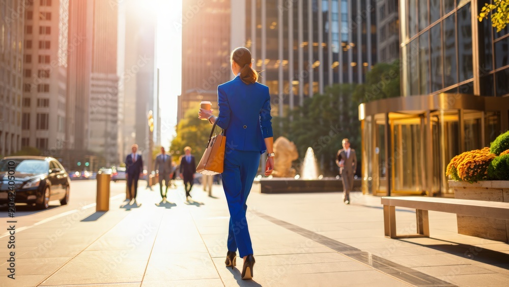Obraz premium A busy city street scene with a professional businesswoman walking down the sidewalk in a blue suit, surrounded by tall buildings, people, and cars.