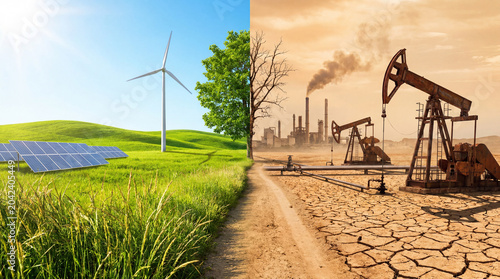 Alternative energy, concept. Green field with solar panel, windmills, grass and tree on a sunny day. Desert dead field with oil rig, pipes and factory with smoke.